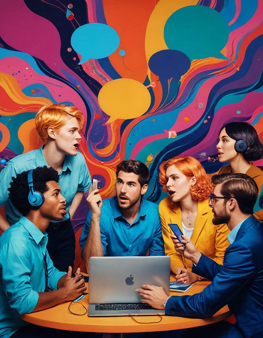 A thought-provoking digital artwork featuring diverse individuals engaged in candid conversations, surrounded by abstract representations of trends and taboos. The background includes swirling patterns of vibrant colors symbolizing the complexity of NSFW content, while playful speech bubbles convey bold and uncensored discussions. Include elements like a microphone and laptop to signify modern communication. surrealistic. vibrant colors. dynamic composition.